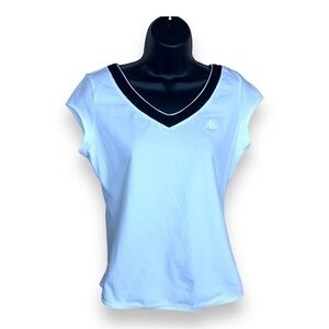 MEDIUM ADIDAS WHITE BLACK STRIPE VNECK TEE ATHLETIC GOLF TENNIS ACTIVEWEAR